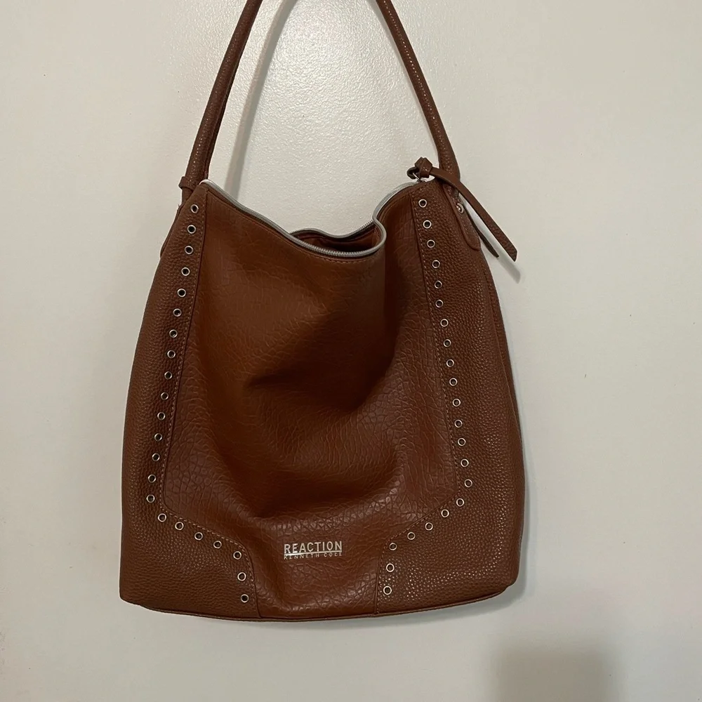 Kenneth Cole Reaction Pebbled Camel Faux Leather Grommet Accent Tote Handbag